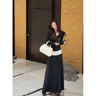 矮小个子休闲套装撞色假两件连帽T恤女春季高腰长裙半身裙两件套