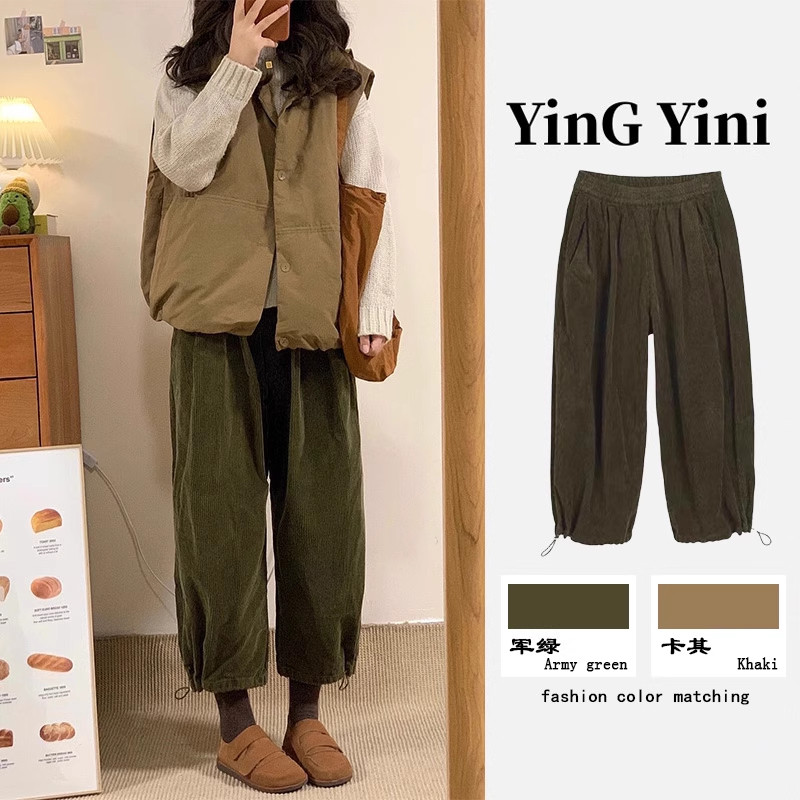 秋冬新款小个子灯芯绒束脚运动卫裤复古宽松哈伦裤宽松直筒休闲裤