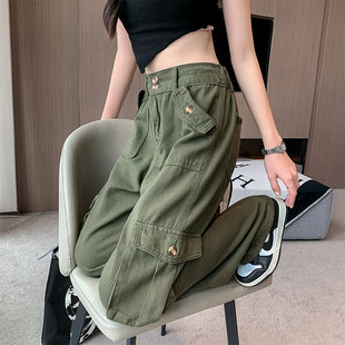 矮小个子美式复古军绿色工装裤145高腰高街设计感直筒阔腿裤潮ins
