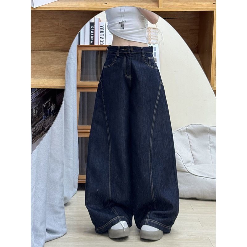 小个子美式复古深蓝色弯刀牛仔裤145CM低腰宽松垂感直筒阔腿长裤