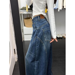 150CM美式复古水洗弯刀阔腿牛仔裤小个子高腰显瘦宽松垂感拖地裤
