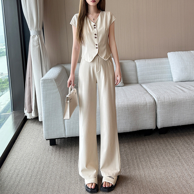 夏季薄款145cm矮小个子气质套装设计感短袖上衣高腰宽松阔腿长裤