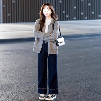 显瘦穿搭矮个子深蓝色牛仔裤150cm显高高腰宽松直筒裤垂感九分裤