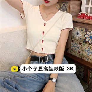 矮小个子女装150cm显高短袖冰丝针织衫修身短款露肚脐上衣XS码夏