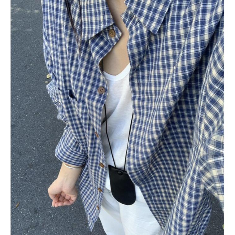 复古蓝色格子衬衫外套百搭衬衣