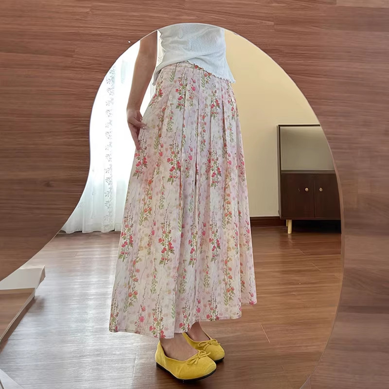 矮小个子法式复古碎花半身裙气质150cm宽松压褶裙中长款大摆伞裙