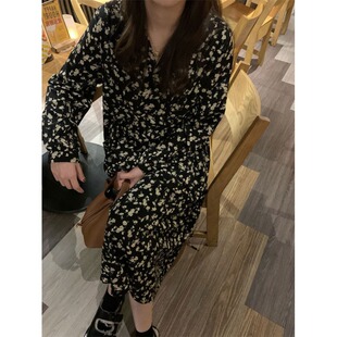 小个子法式复古碎花v领系带连衣裙女150cm气质收腰长袖长裙xs码春