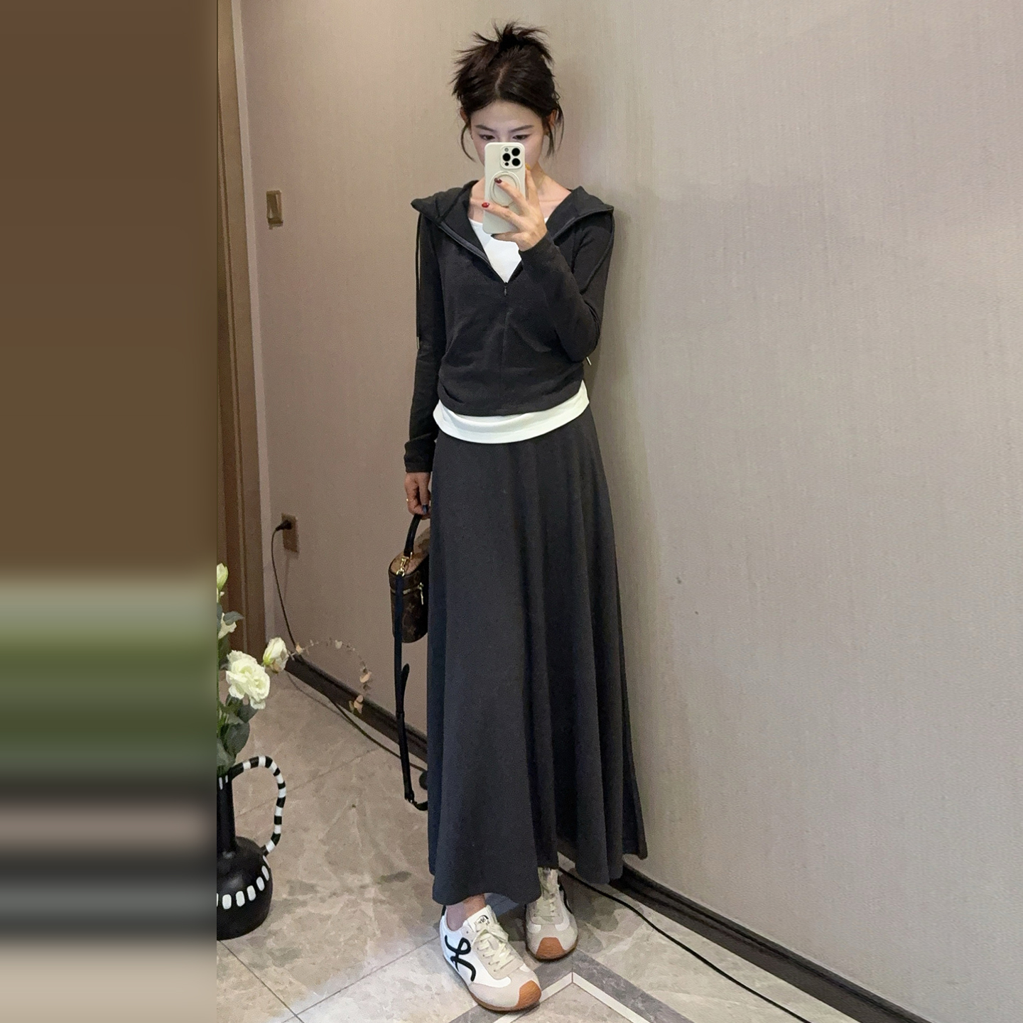 早秋新款150小个子韩系假两件连帽卫衣上衣高腰半身裙两件套装xs