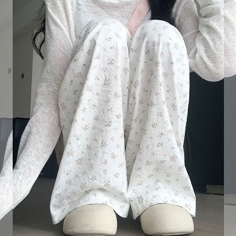 小个子145cm显高高腰白色冰丝碎花裤休闲慵懒肌理感山本阔腿裤女