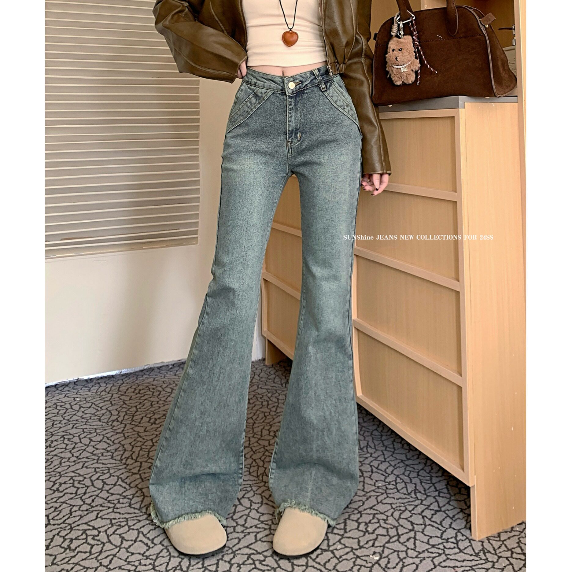 145矮小个子辣妹微喇牛仔长裤女150cm高腰复古毛边拖地裤马蹄裤xs