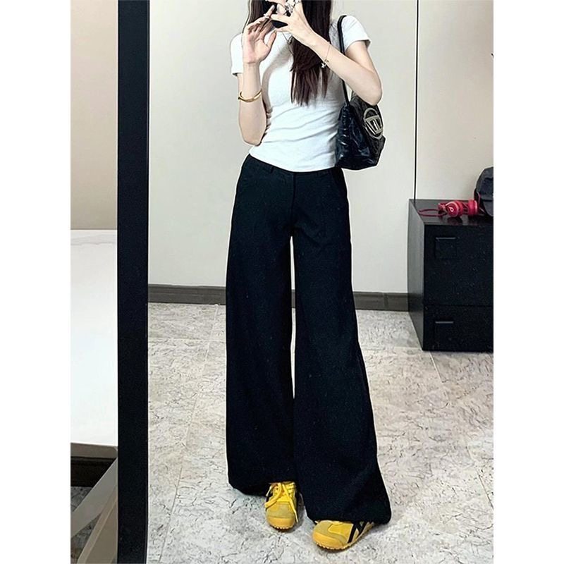 小个子黑色微喇阔腿牛仔裤显瘦百搭150CM显高高腰宽松直筒拖地裤