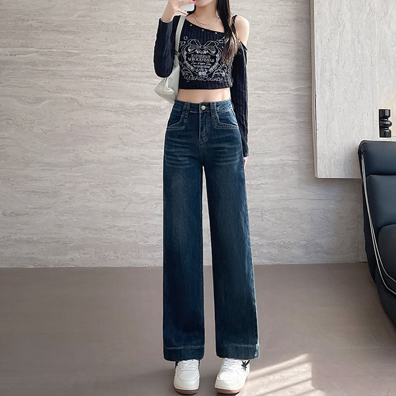 2025春季小个子弹力牛仔裤窄版145cm高腰直筒裤宽松九分裤阔腿裤