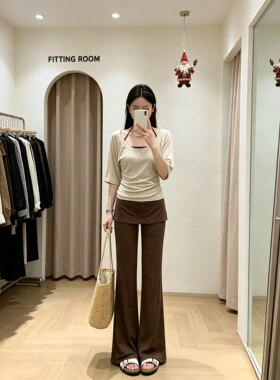 矮小个子时尚设计感套装修身显瘦上衣150cm显高高腰微喇拖地长裤