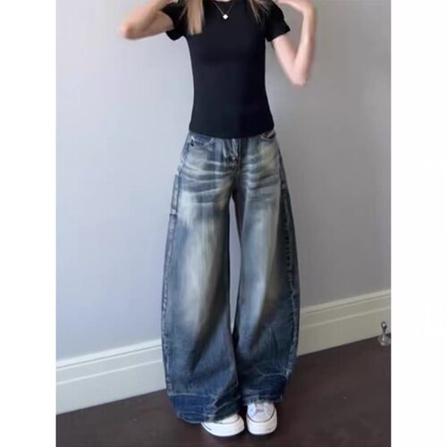 小个子美式弯刀牛仔裤女夏季复古辣妹做旧压皱竹节纹宽松阔腿裤XS
