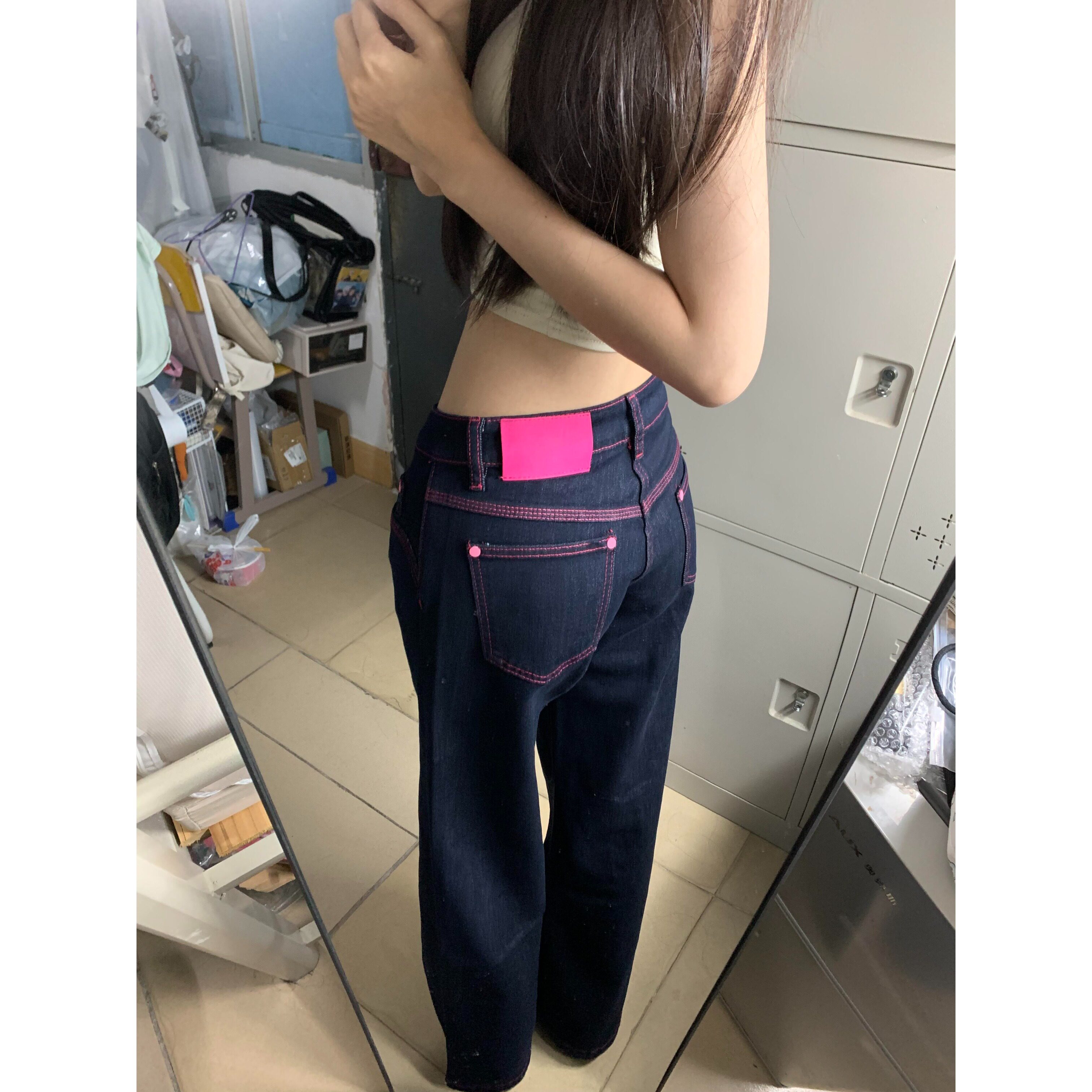 小个子美式辣妹撞色低腰阔腿牛仔裤150直筒宽松显瘦垂感拖地裤XS