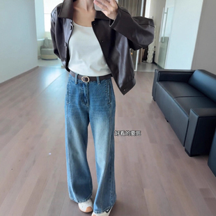 xs女 小个子高腰宽松阔腿弯刀裤 秋冬新款 145cm复古蓝色直筒牛仔裤