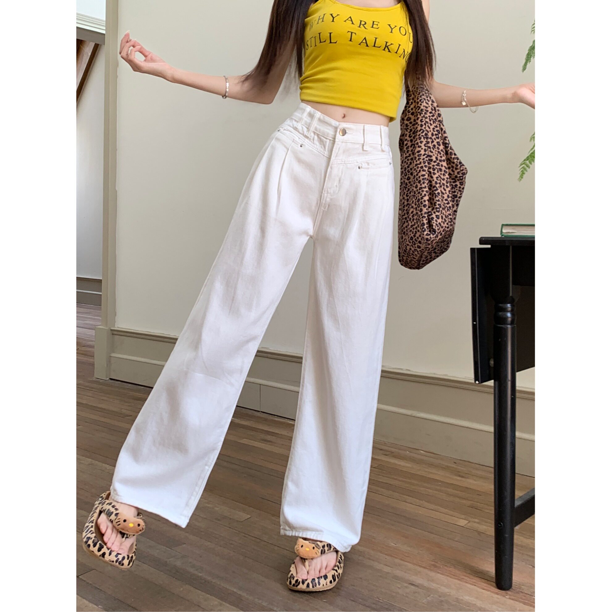 小个子白色牛仔裤女145cm高腰直筒宽松显瘦设计感阔腿拖地长裤潮