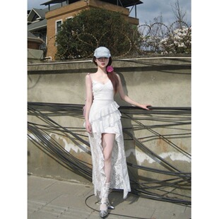 矮个子白色v领蕾丝吊带连衣裙法式 显高145不规则收腰绝美中长裙XS