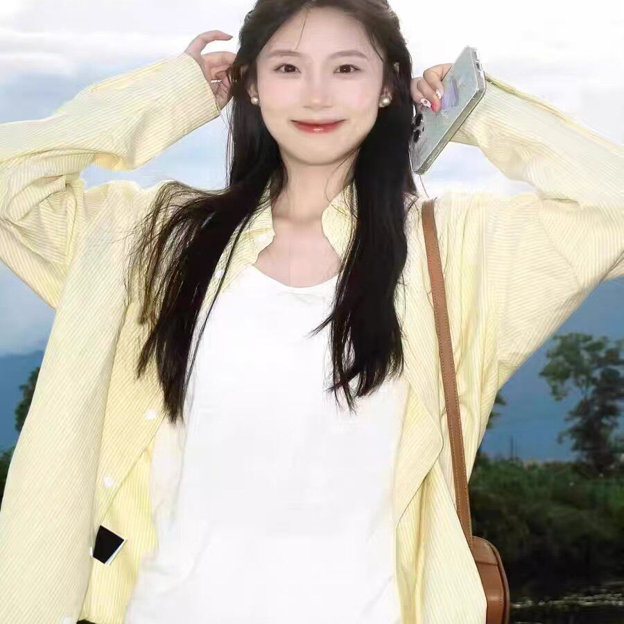 法式黄色条纹衬衫女开春穿搭长袖上衣设计感开衫宽松防晒衬衣外套