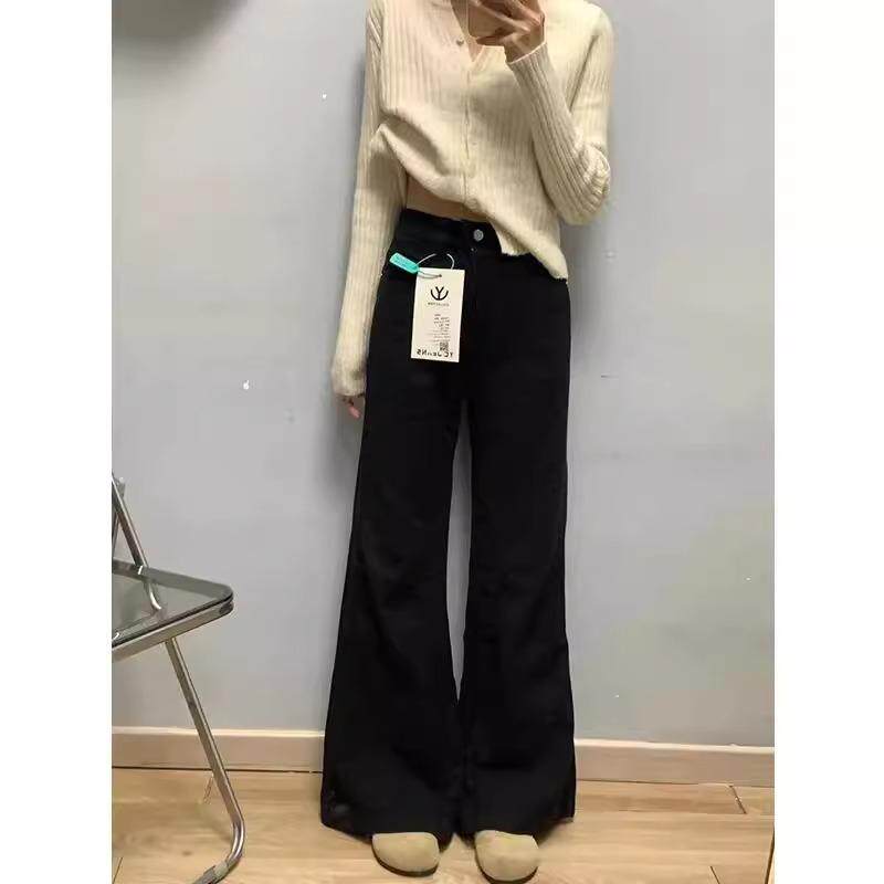 矮小个子ins潮美式黑色微喇叭阔腿牛仔裤女高腰宽松垂感拖地长裤