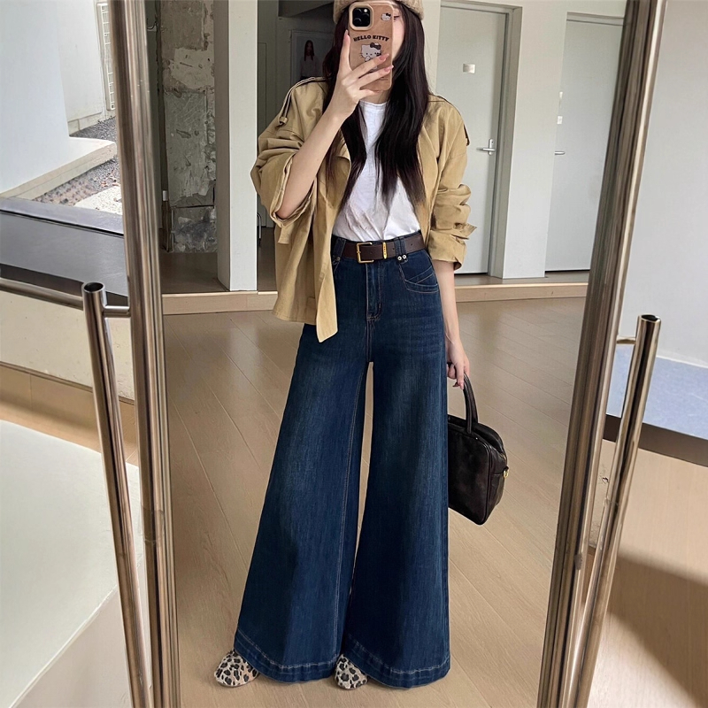 矮小个子显高高腰喇叭阔腿牛仔裤减龄垂感显高145CM弹力微叭长裤