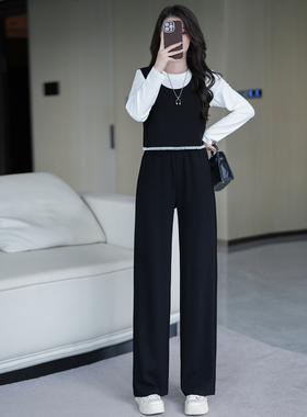秋季新款矮小个子145cm时尚气质马甲圆领上衣高腰黑色直筒裤套装