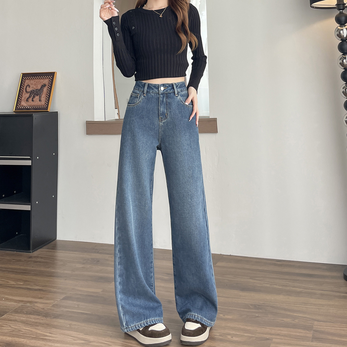 小个子高腰牛仔阔腿裤减龄百搭145CM宽松直筒微喇裤九分长裤XXS女