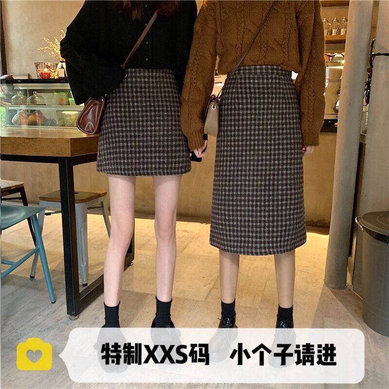 小个子145高腰百搭复古格子毛呢半身裙中长裙150显高短裙女XS码冬