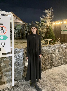 秋冬穿搭矮小个子收腰连衣裙显瘦百搭145CM深灰色法式中长裙XS女