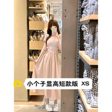 小个子法式方领连衣裙女夏150cm气质显高收腰珠光缎面A字长裙xs码