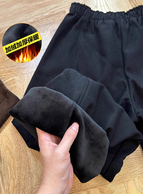 矮个子黑色毛呢加绒休闲裤百搭显瘦145CM高腰宽松弯刀裤气球裤XXS