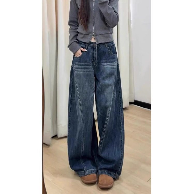 显瘦穿搭150cm小个子美式弯刀牛仔裤复古百搭低腰直筒镰刀拖地裤