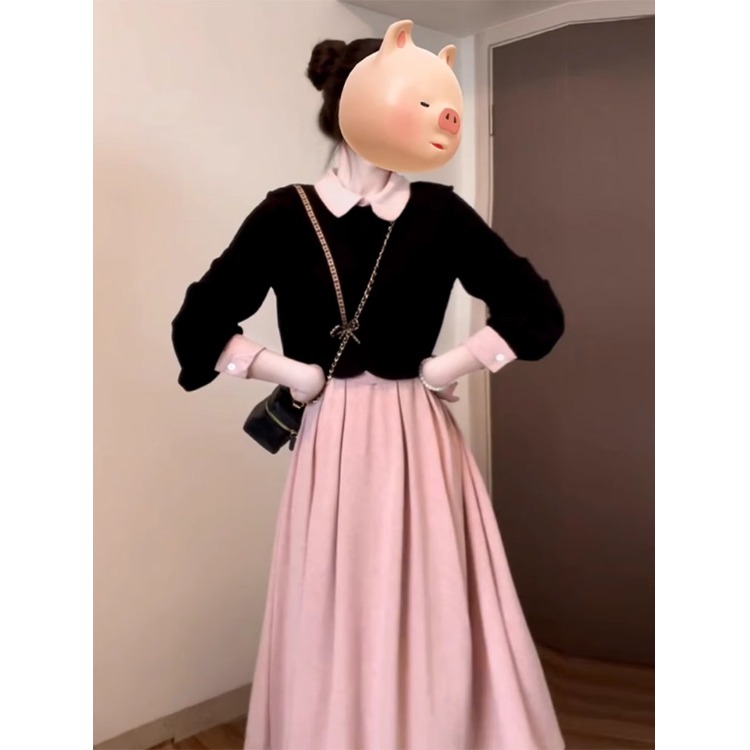 145小矮个子背心连衣裙女秋冬150显高穿搭收腰法式A字长裙套装xs