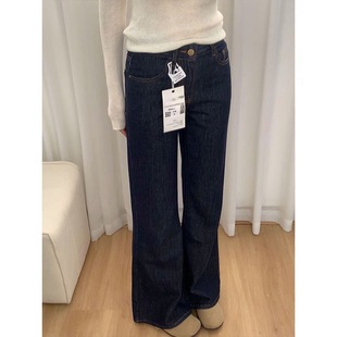 小个子深蓝色微喇阔腿牛仔裤美式百搭150CM低腰显瘦喇叭拖地长裤