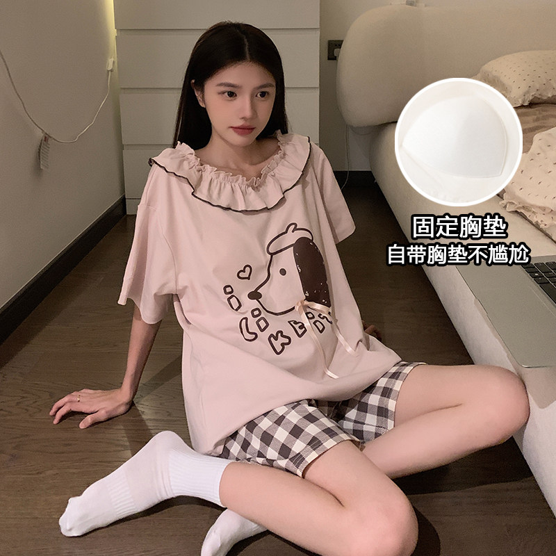 韩版公主卡通可爱短袖睡衣女款夏季2026新款带胸垫套装学生家居服