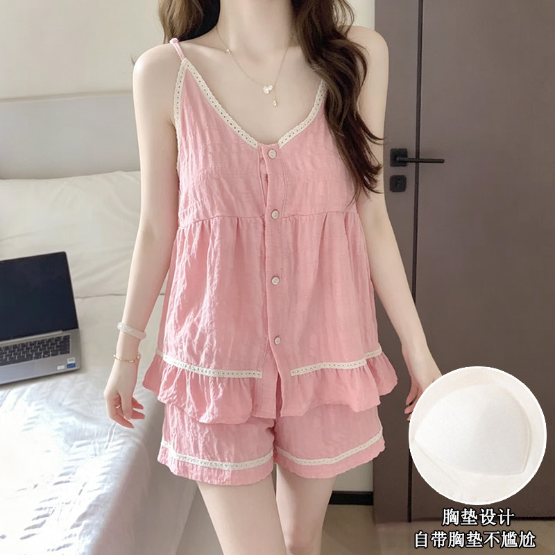 温柔风睡衣女夏季吊带云朵棉薄款甜美带胸垫学生家居服套装可外穿