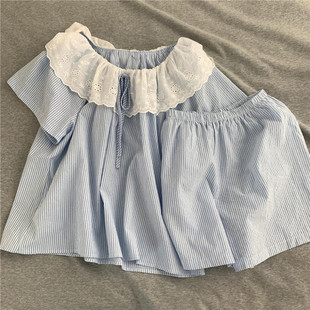 甜美系带娃娃领睡衣女夏季 家居服两件套 2025新款 可爱舒适条纹短袖