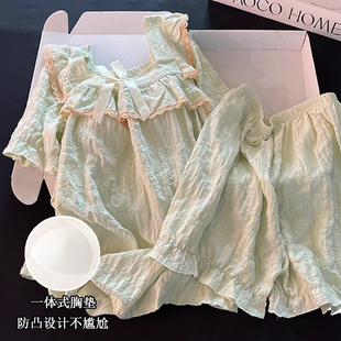 可外穿 宫廷风睡衣女夏季 2025新款 纯棉带胸垫短袖 高级感家居服套装