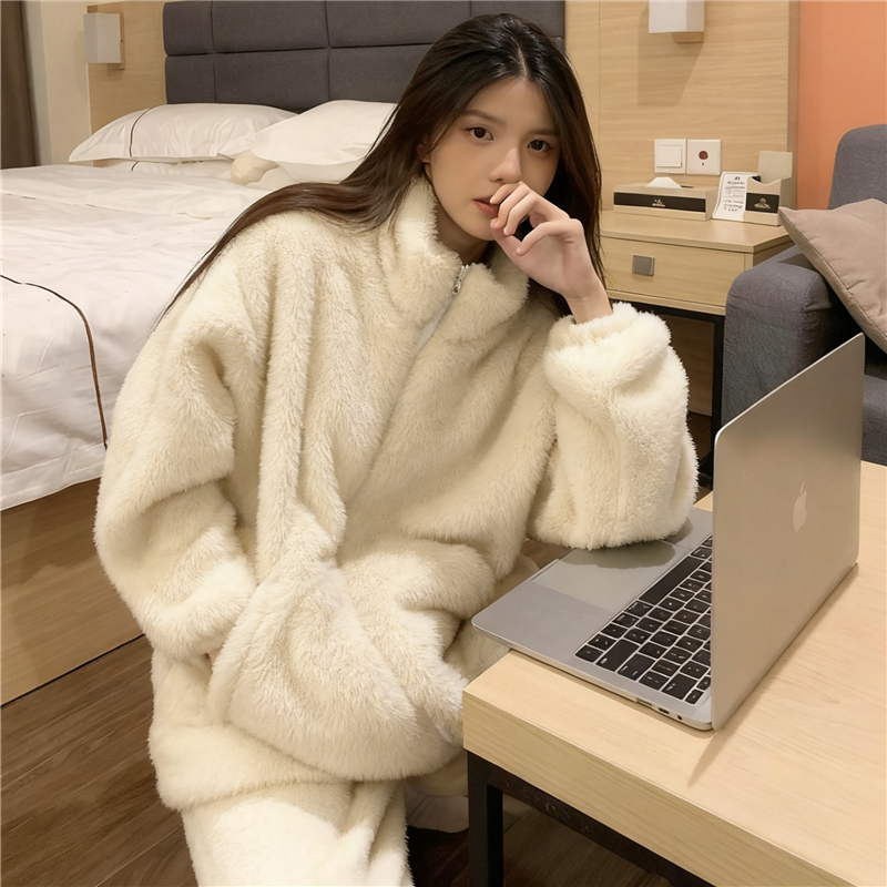 2025新款拉链珊瑚绒睡衣女士秋冬季加绒加厚套装学生可外穿家居服