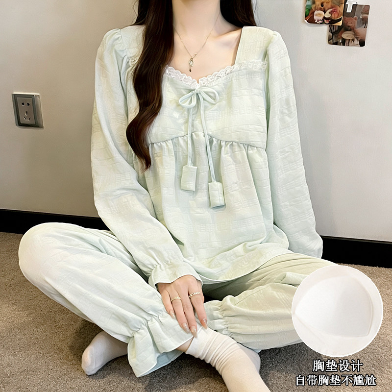 公主风带胸垫睡衣女春秋季韩版花边蝴蝶结甜美长袖家居服套装薄款