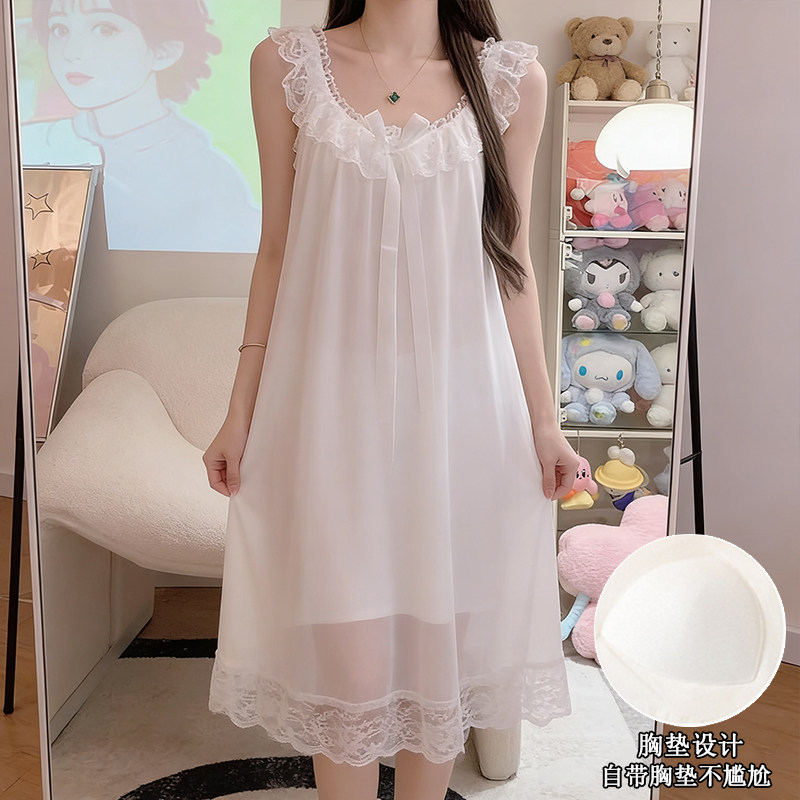 吊带睡裙女夏款网纱蕾丝2026新款性感宫廷白色带胸垫睡衣裙子夏季
