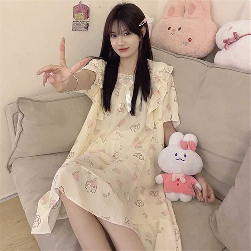 睡裙女夏天短袖梭织泡泡棉2024新款甜美公主风夏季孕妇睡衣家居服