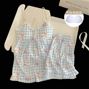 2025新款卡通格子吊带睡衣少女套装甜美蕾丝夏季新款带胸垫家居服