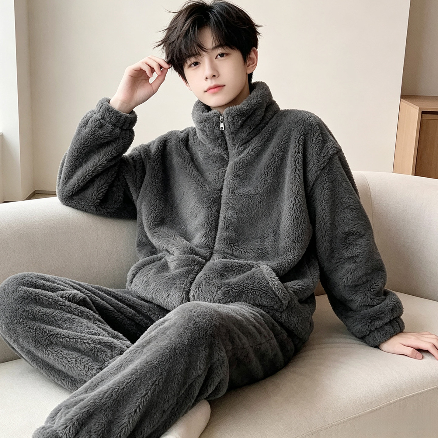珊瑚绒睡衣男学生秋冬季2026新款青少年拉链法兰绒保暖家居服套装