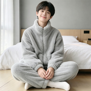 珊瑚绒睡衣男冬季初高中学生大码青少年加绒加厚家居服套装可外穿