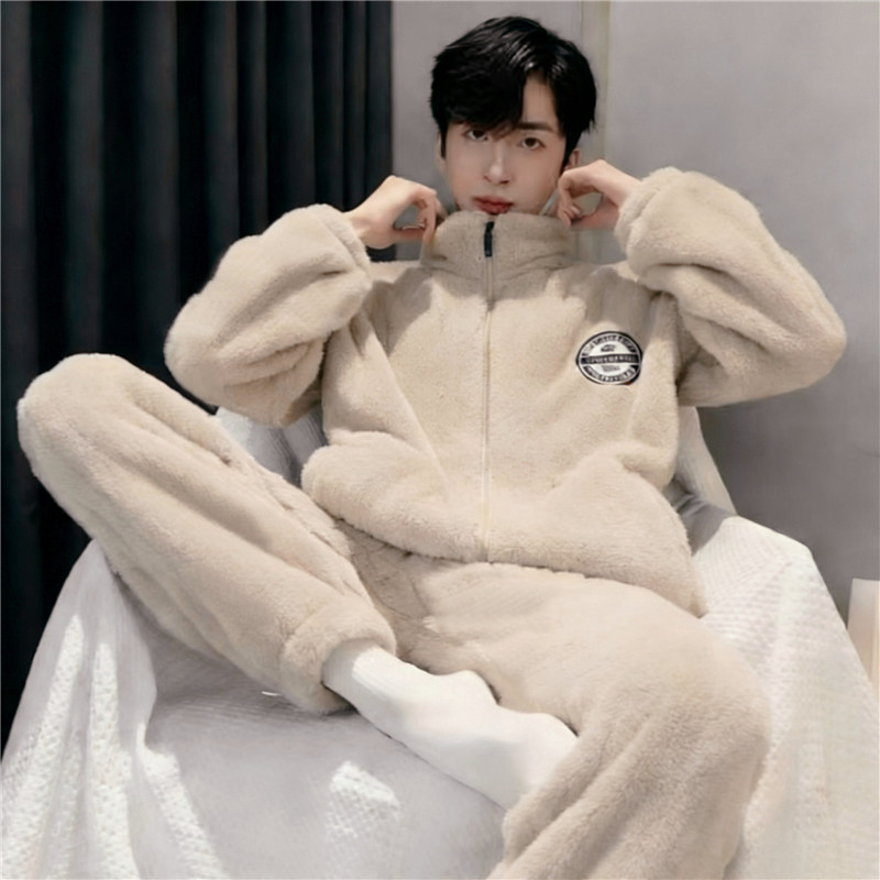 2025新款珊瑚绒睡衣男秋冬季法兰绒学生大码拉链家居服套装可外穿