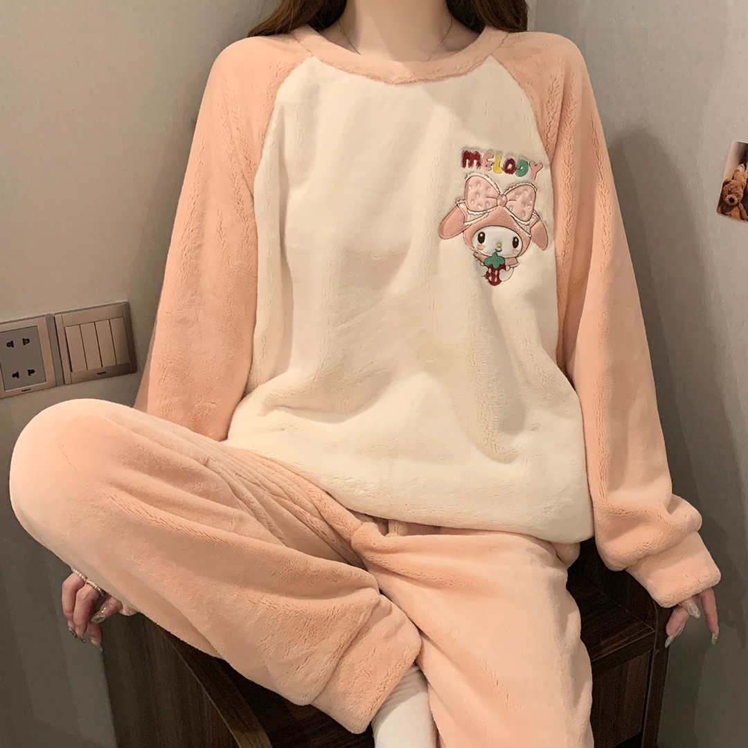 法兰绒睡衣少女秋冬季2024新款学生卡通加厚珊瑚绒家居服两件套装