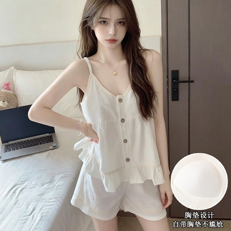 韩系带胸垫睡衣女士夏季性感吊带短裤小个子甜美家居服套装可外穿