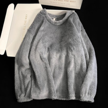 秋冬季法兰绒家居服套头圆领珊瑚绒睡衣男女款情侣单件上衣可外穿