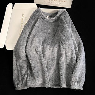 秋冬季法兰绒家居服套头圆领珊瑚绒睡衣男女款情侣单件上衣可外穿